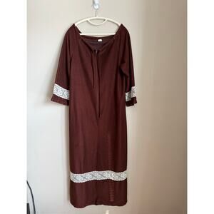 Vintage 1970s Brown Lace Trim Lounge Dress Size Medium Cottagecore Prarie Boho